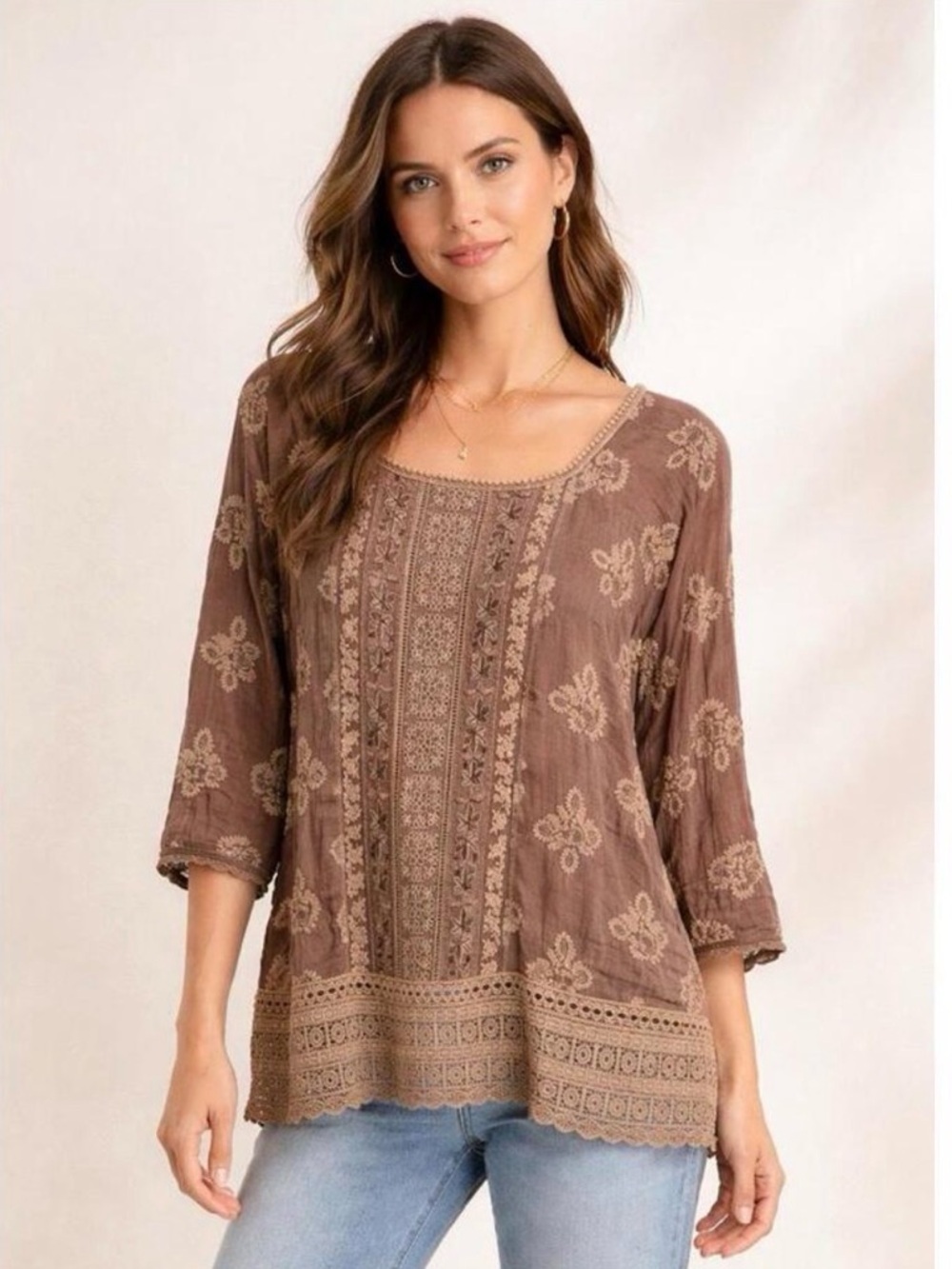 Johnny Was Embroidered Lace Trim Tunic Blouse – Floral Boho Top Medium
